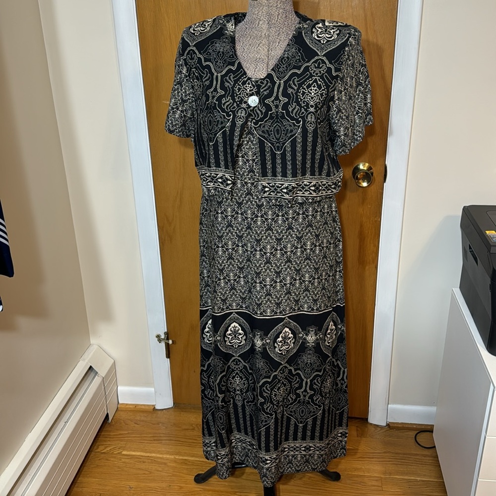 Worthington Womens 14 Petite 14P Sleeveless Black & Cream Maxi Dress